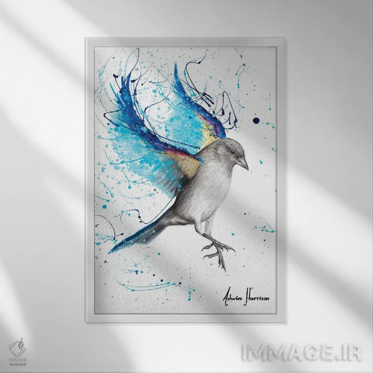 تابلو دکوراتیو پرنده آبی درخشان اثر اشوین هریسون - نمای قابدار سفید