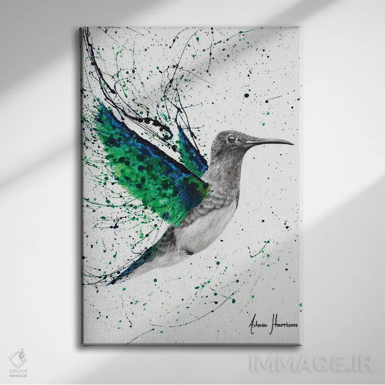 تابلو دکوراتیو پرنده آسمان زمردی اثر اشوین هریسون - نمای روبهرو روی دیوار