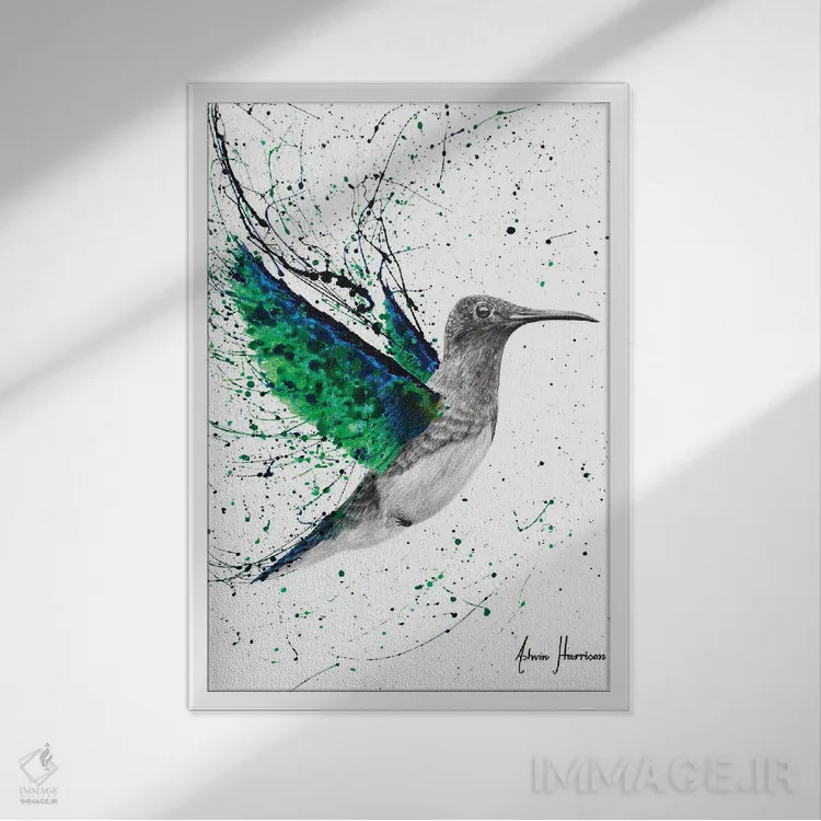 تابلو دکوراتیو پرنده آسمان زمردی اثر اشوین هریسون - نمای قابدار سفید