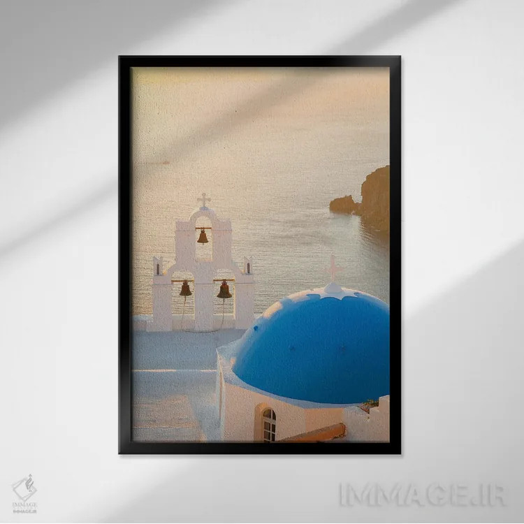 تابلو دکوراتیو غروب سانتورینی اثر ویکتوریا متاکساس - نمای قابدار مشکی