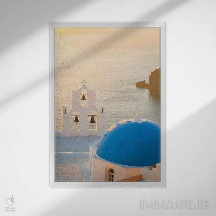 تابلو دکوراتیو غروب سانتورینی اثر ویکتوریا متاکساس - نمای قابدار سفید