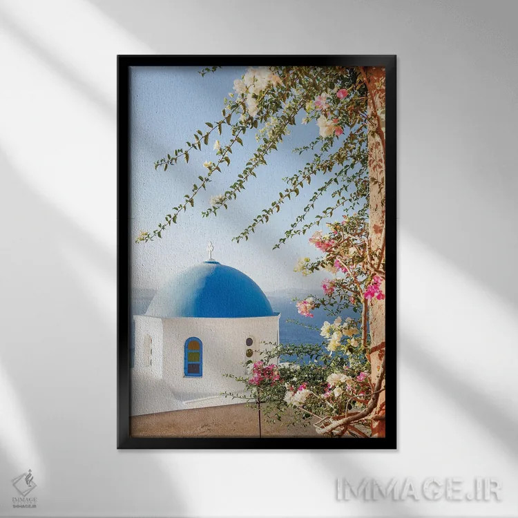 تابلو دکوراتیو سانتورینی زیبا اثر ویکتوریا متاکساس - نمای قابدار مشکی