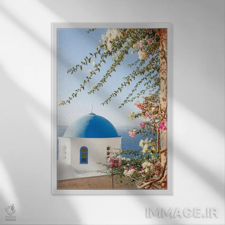 تابلو دکوراتیو سانتورینی زیبا اثر ویکتوریا متاکساس - نمای قابدار سفید