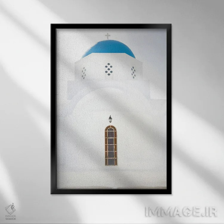 تابلو دکوراتیو کلیسای پیرگوس سانتورینی اثر ویکتوریا متاکساس - نمای قابدار مشکی