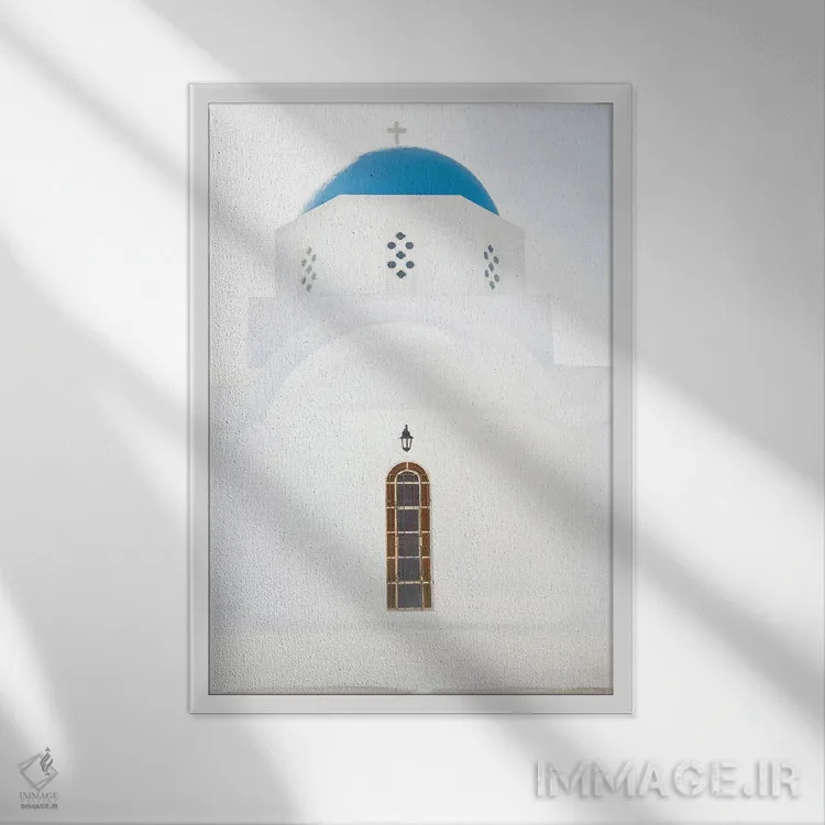 تابلو دکوراتیو کلیسای پیرگوس سانتورینی اثر ویکتوریا متاکساس - نمای قابدار سفید