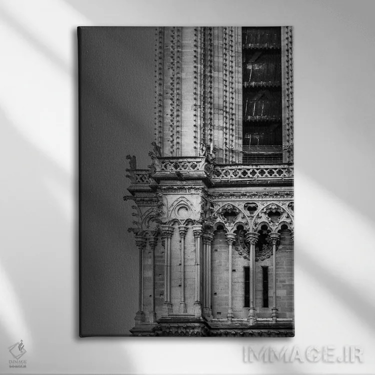 تابلو دکوراتیو جزئیات کلیسای نوتردام پاریس در سیاه و سفید اثر الکساندر ونانسیو - نمای روبهرو روی دیوار
