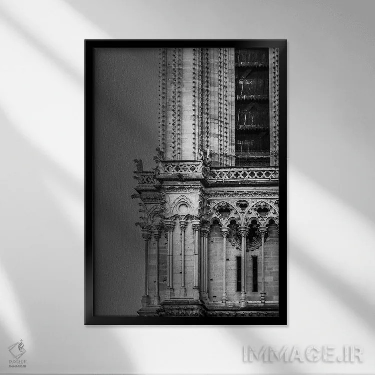 تابلو دکوراتیو جزئیات کلیسای نوتردام پاریس در سیاه و سفید اثر الکساندر ونانسیو - نمای قابدار مشکی