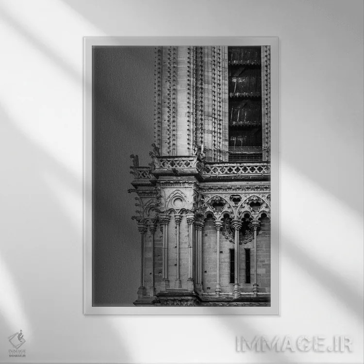 تابلو دکوراتیو جزئیات کلیسای نوتردام پاریس در سیاه و سفید اثر الکساندر ونانسیو - نمای قابدار سفید