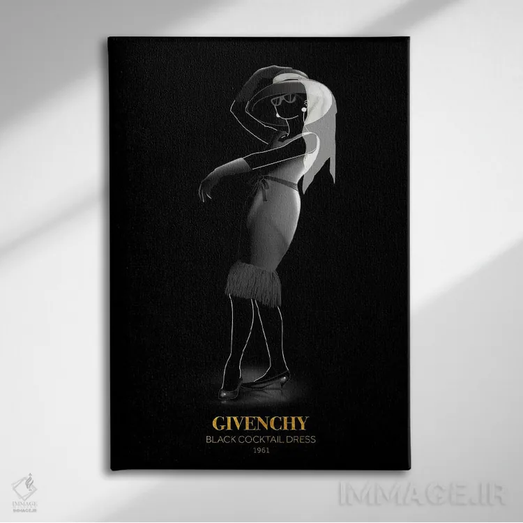 تابلو دکوراتیو Givenchy, 1961,پیراهن کوکتل مشکی، ژیوانشی، ۱۹۶۱ اثر الکساندر ونانسیو - نمای روبهرو روی دیوار
