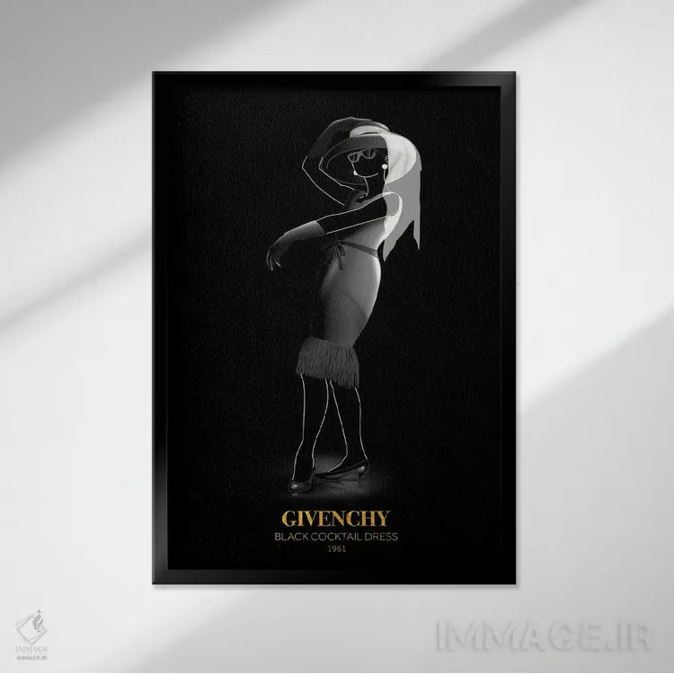 تابلو دکوراتیو Givenchy, 1961,پیراهن کوکتل مشکی، ژیوانشی، ۱۹۶۱ اثر الکساندر ونانسیو - نمای قابدار مشکی
