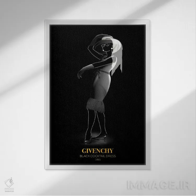 تابلو دکوراتیو Givenchy, 1961,پیراهن کوکتل مشکی، ژیوانشی، ۱۹۶۱ اثر الکساندر ونانسیو - نمای قابدار سفید
