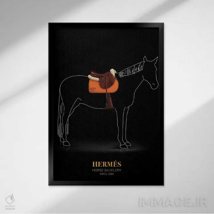 تابلو دکوراتیو Hermès, Since 1880,زین و یراق اسب، هرمس، از ۱۸۸۰ اثر الکساندر ونانسیو - نمای قابدار مشکی