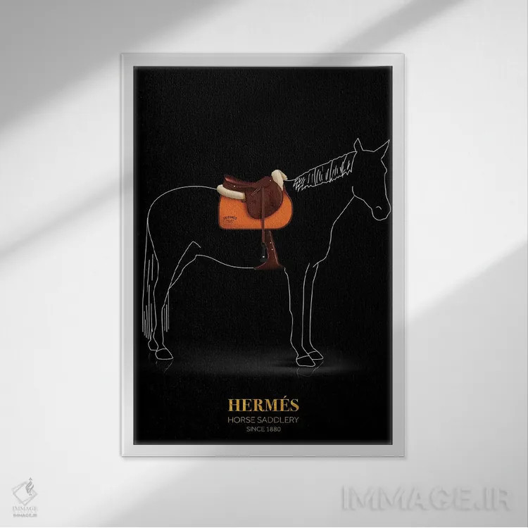 تابلو دکوراتیو Hermès, Since 1880,زین و یراق اسب، هرمس، از ۱۸۸۰ اثر الکساندر ونانسیو - نمای قابدار سفید