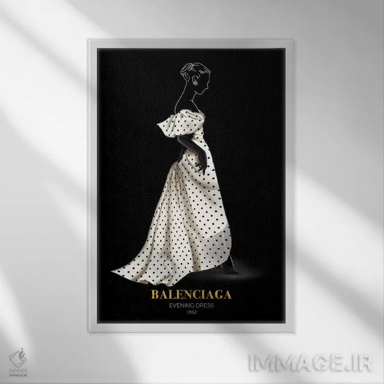 تابلو دکوراتیو Balenciaga, 1952,لباس شب، بالنسیاگا، ۱۹۵۲ اثر الکساندر ونانسیو - نمای قابدار سفید