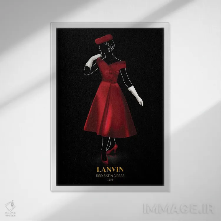 تابلو دکوراتیو Lanvin, 1956,پیراهن ساتن قرمز، لنوین، ۱۹۵۶ اثر الکساندر ونانسیو - نمای قابدار سفید
