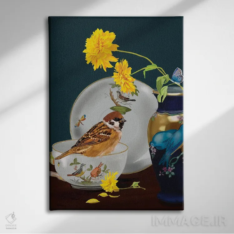 تابلو دکوراتیو گنجشک در طبیعت بی جان اثر ویکی نیوتن - نمای روبهرو روی دیوار