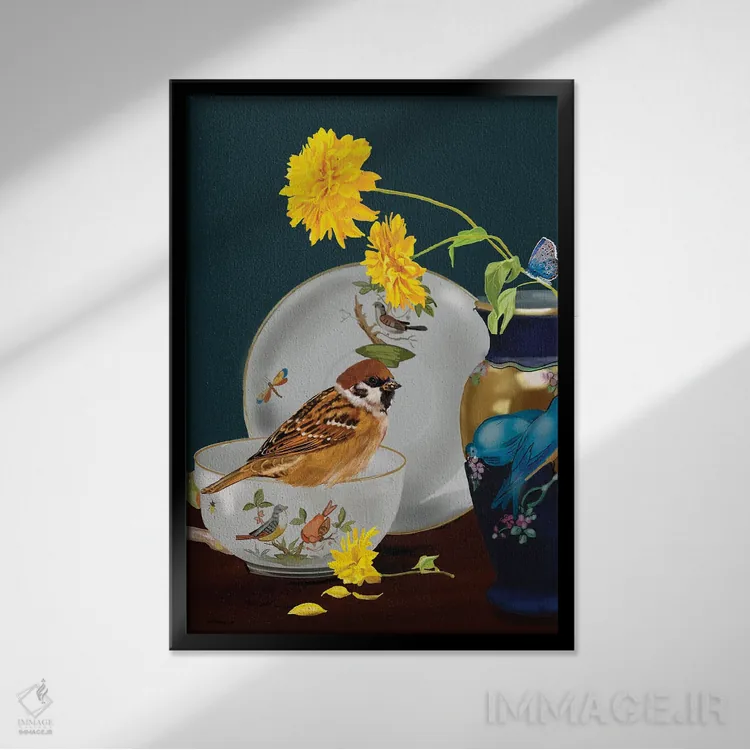 تابلو دکوراتیو گنجشک در طبیعت بی جان اثر ویکی نیوتن - نمای قابدار مشکی