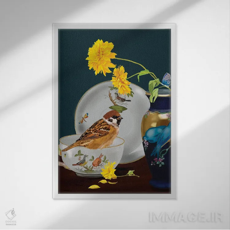 تابلو دکوراتیو گنجشک در طبیعت بی جان اثر ویکی نیوتن - نمای قابدار سفید
