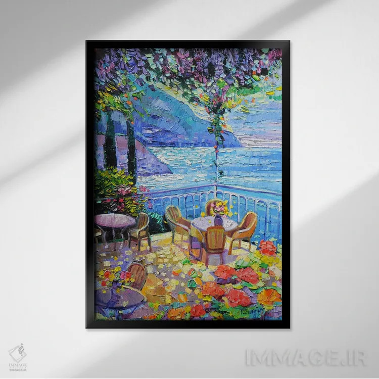 تابلو دکوراتیو تراس مشرف به دریاچه کومو اثر وانیا ژئورگیوا - نمای قابدار مشکی