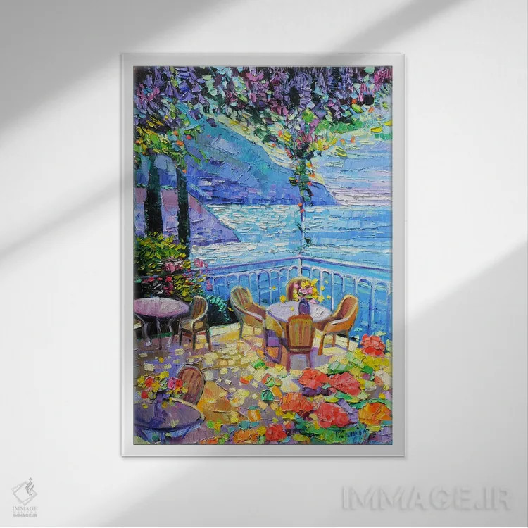 تابلو دکوراتیو تراس مشرف به دریاچه کومو اثر وانیا ژئورگیوا - نمای قابدار سفید