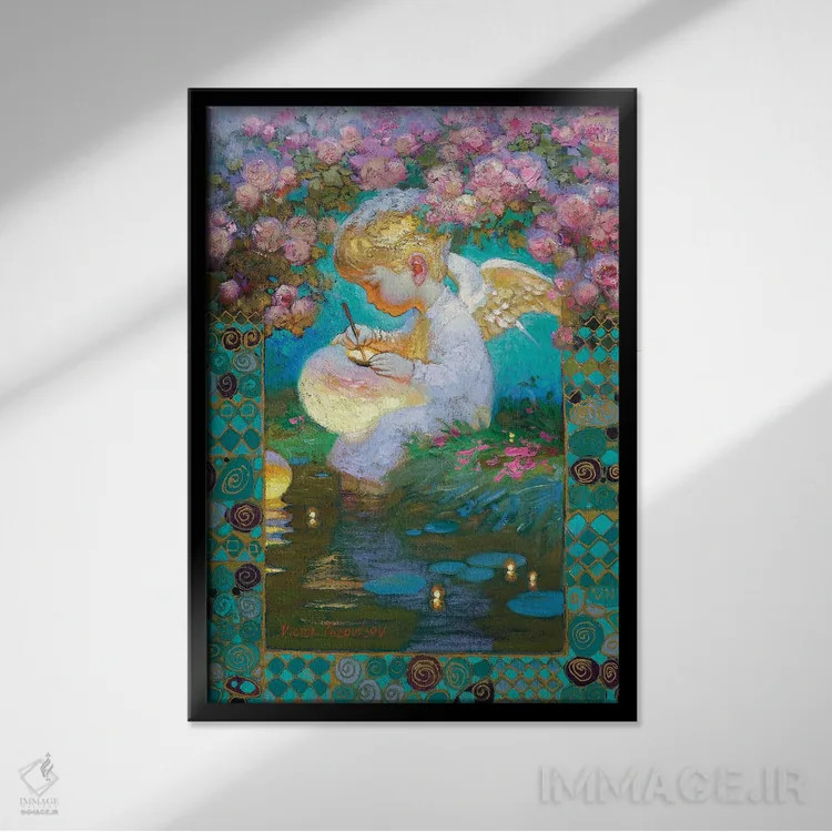تابلو دکوراتیو فرشته باغ گل رز اثر ویکتور نیزوفتسف - نمای قابدار مشکی