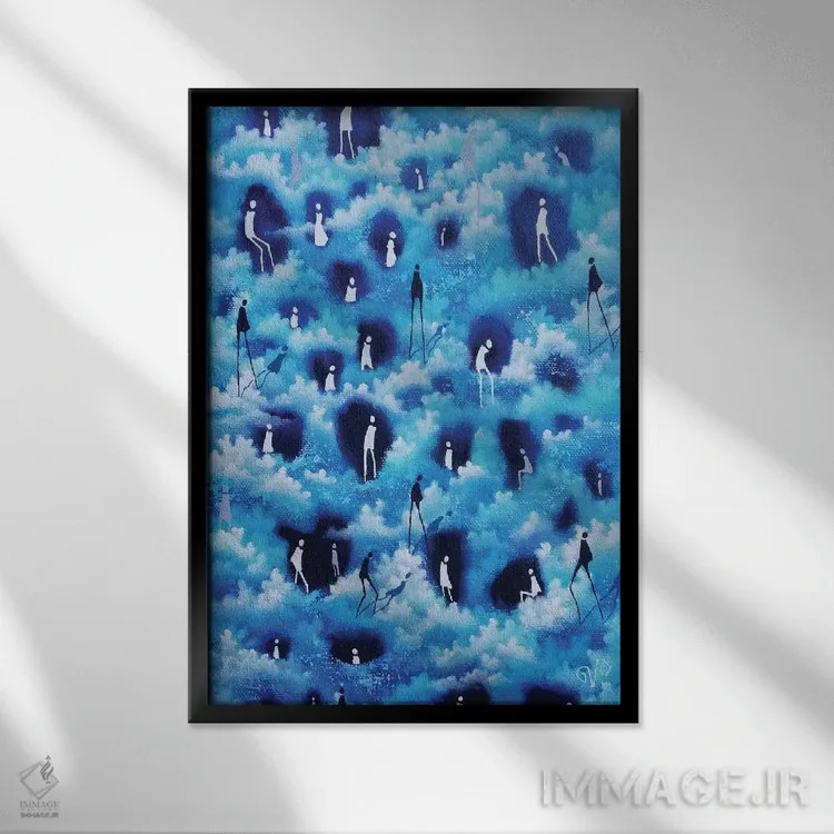 تابلو انتزاعی غار نشینان آسمان اثر ورونیک پیتور - نمای قابدار مشکی