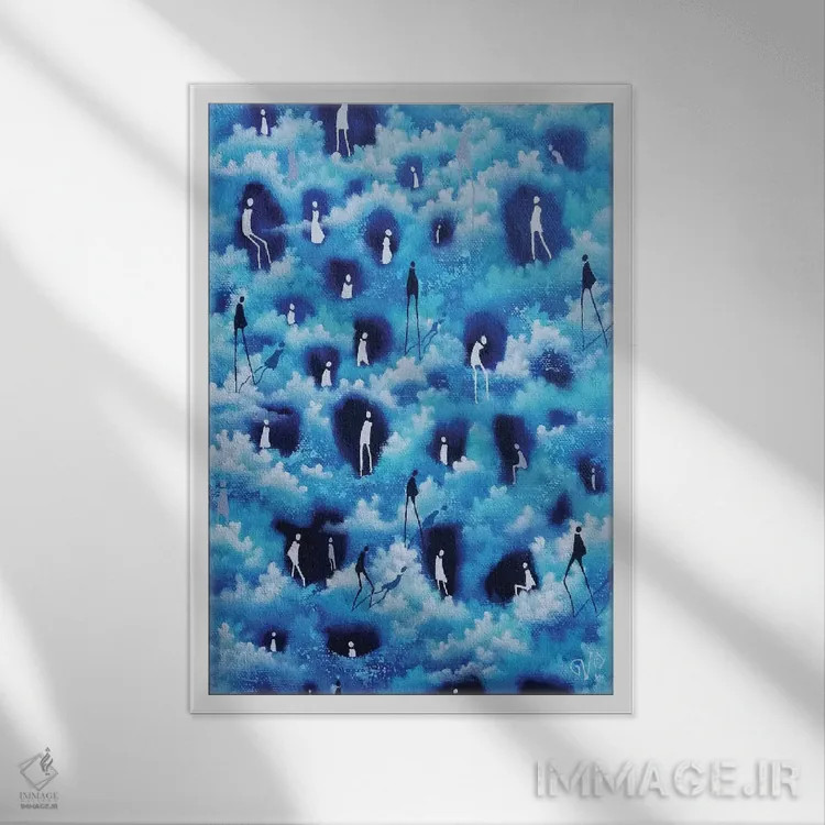 تابلو انتزاعی غار نشینان آسمان اثر ورونیک پیتور - نمای قابدار سفید