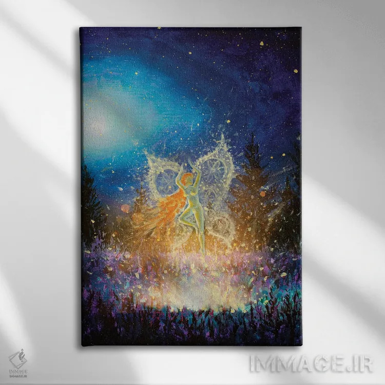 تابلو دکوراتیو دختر پری شب درخشان با پروانه در جنگل جادویی شب اثر والری ریباکوف - نمای روبهرو روی دیوار