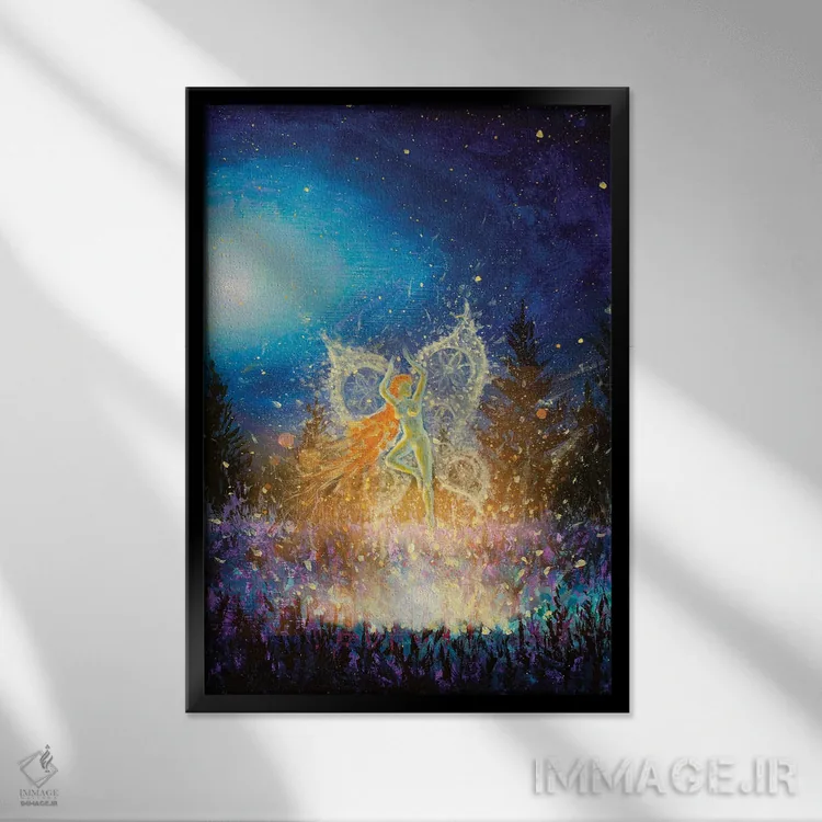 تابلو دکوراتیو دختر پری شب درخشان با پروانه در جنگل جادویی شب اثر والری ریباکوف - نمای قابدار مشکی
