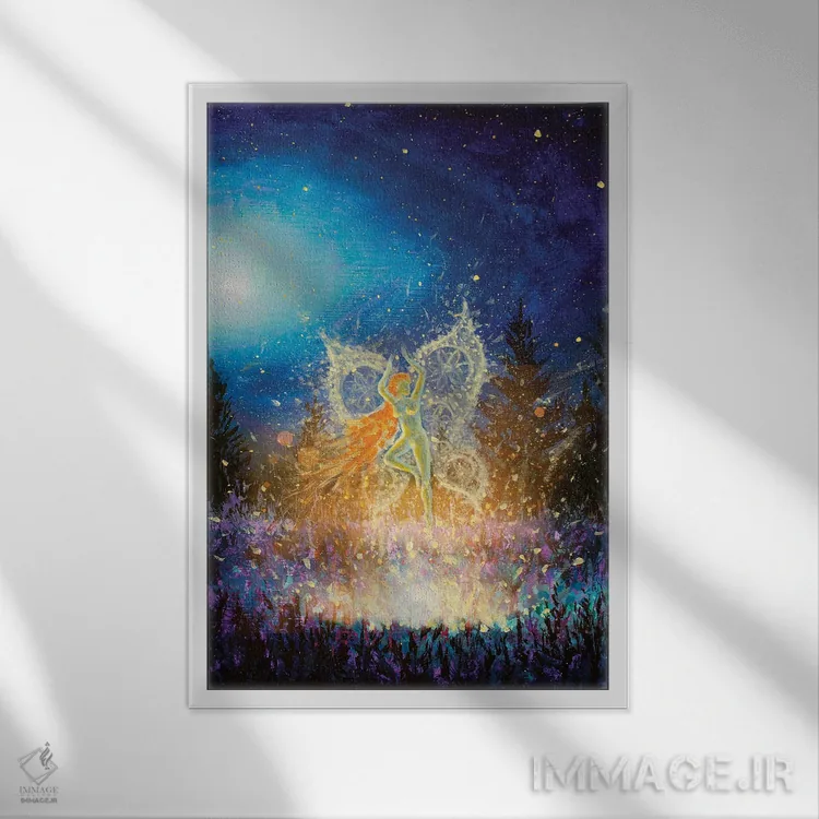 تابلو دکوراتیو دختر پری شب درخشان با پروانه در جنگل جادویی شب اثر والری ریباکوف - نمای قابدار سفید