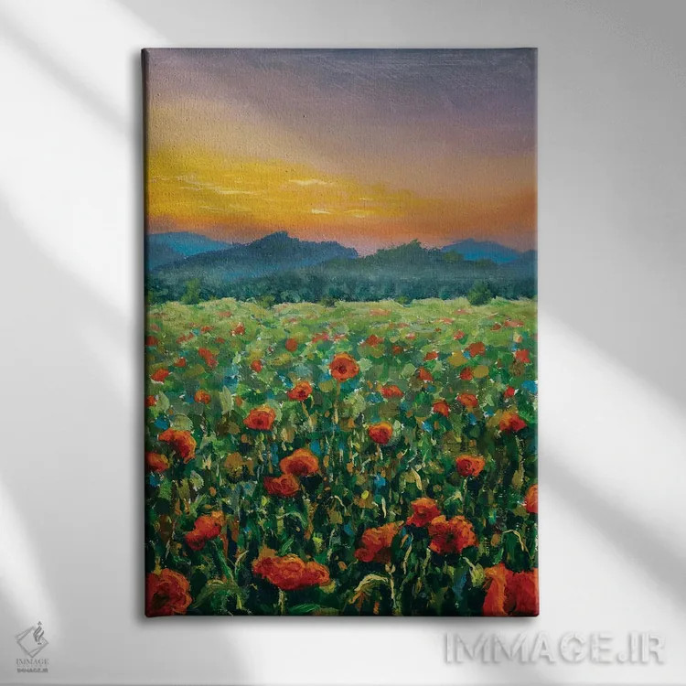 تابلو دکوراتیو غروب بر فراز مزرعه شقایق های قرمز اثر والری ریباکوف - نمای روبهرو روی دیوار