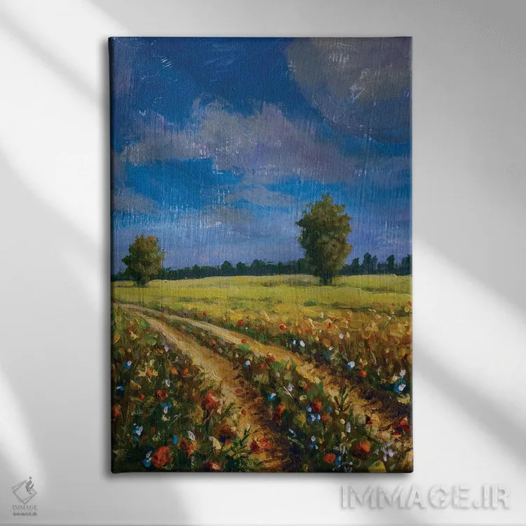 تابلو دکوراتیو جاده ای در مزرعه گل زرد اثر والری ریباکوف - نمای روبهرو روی دیوار