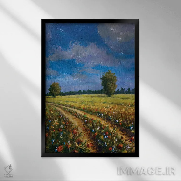 تابلو دکوراتیو جاده ای در مزرعه گل زرد اثر والری ریباکوف - نمای قابدار مشکی