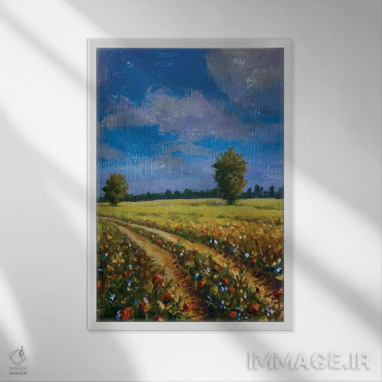 تابلو دکوراتیو جاده ای در مزرعه گل زرد اثر والری ریباکوف - نمای قابدار سفید