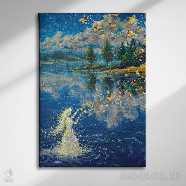 تابلو دکوراتیو دختر پری شمنی فرشته که بر روی آب جادو می آفریند اثر والری ریباکوف - نمای روبهرو روی دیوار