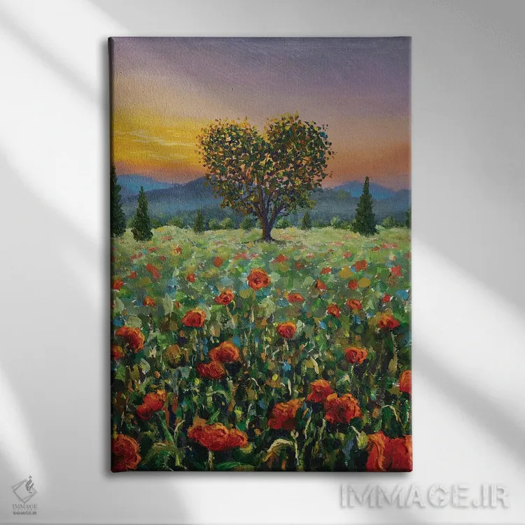 تابلو دکوراتیو نقاشی هنری رمانتیک از درختی زیبا به شکل قلب اثر والری ریباکوف - نمای روبهرو روی دیوار