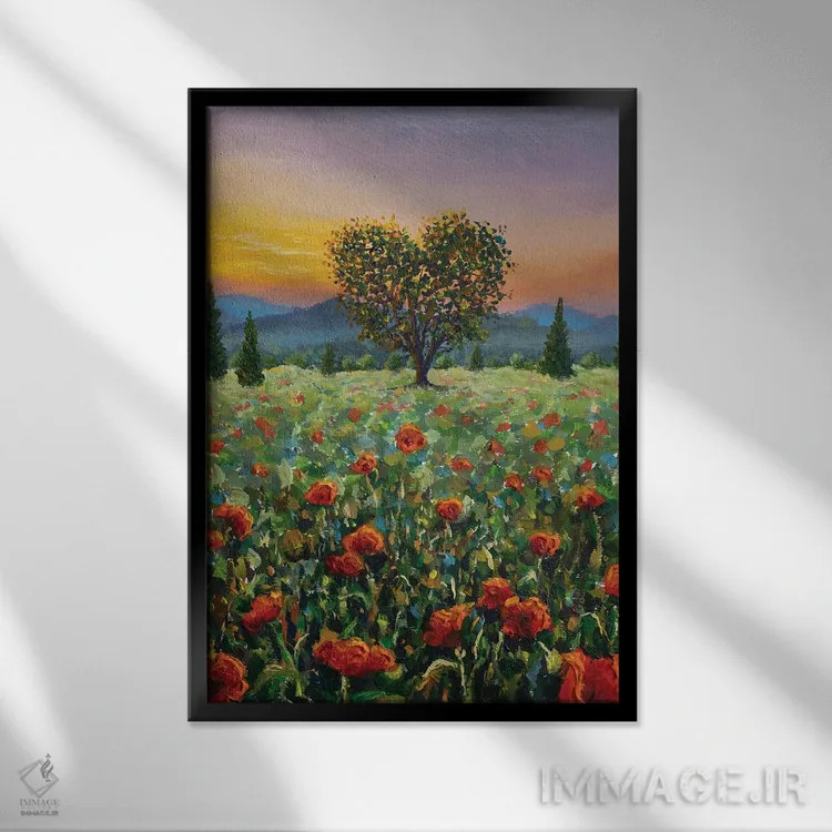 تابلو دکوراتیو نقاشی هنری رمانتیک از درختی زیبا به شکل قلب اثر والری ریباکوف - نمای قابدار مشکی