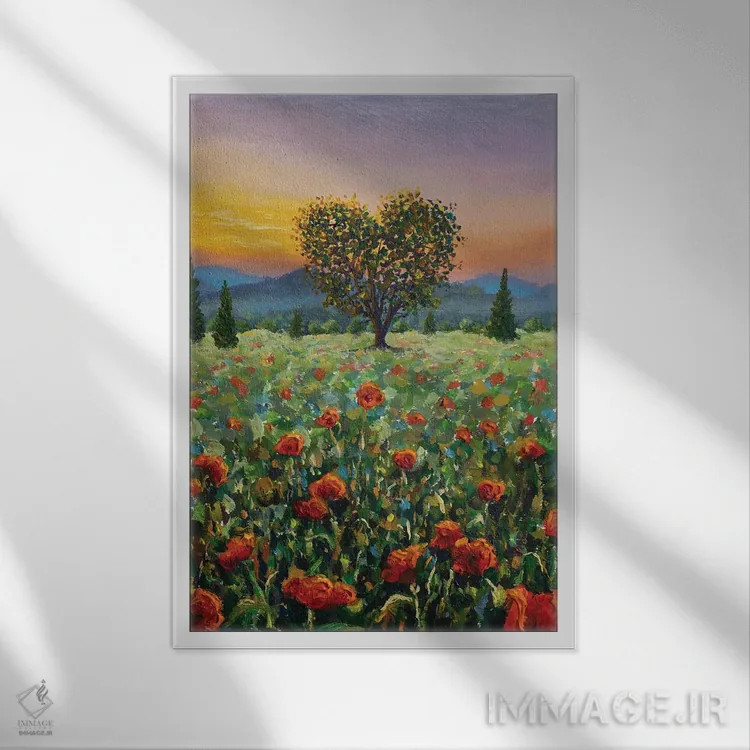تابلو دکوراتیو نقاشی هنری رمانتیک از درختی زیبا به شکل قلب اثر والری ریباکوف - نمای قابدار سفید