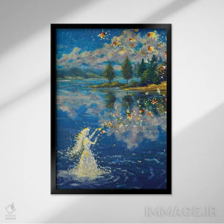 تابلو دکوراتیو دختر پری شمنی فرشته که بر روی آب جادو می آفریند اثر والری ریباکوف - نمای قابدار مشکی
