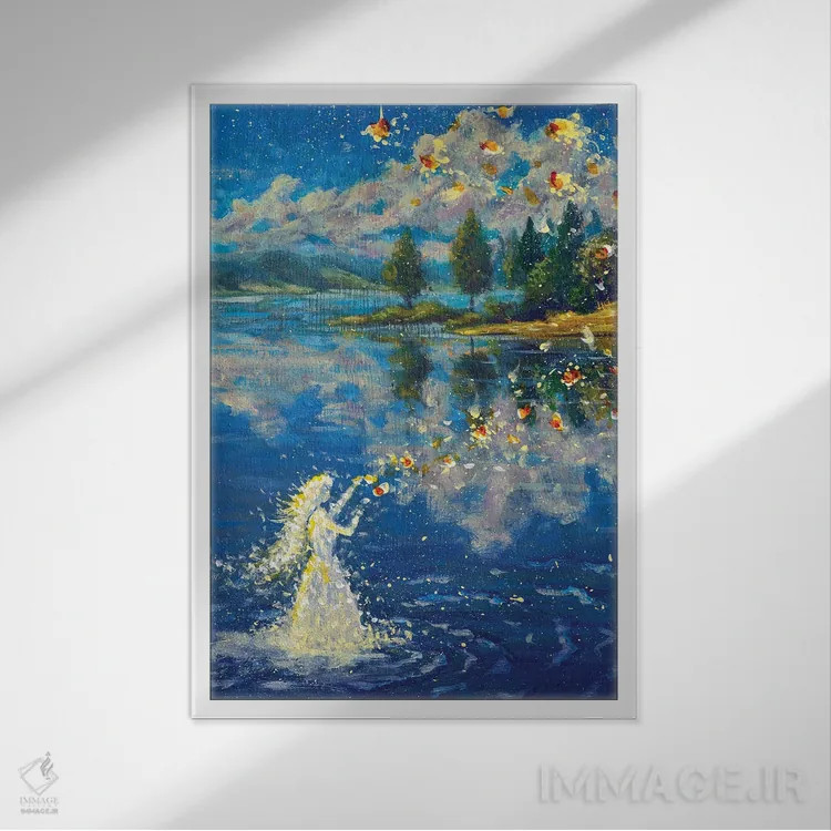 تابلو دکوراتیو دختر پری شمنی فرشته که بر روی آب جادو می آفریند اثر والری ریباکوف - نمای قابدار سفید
