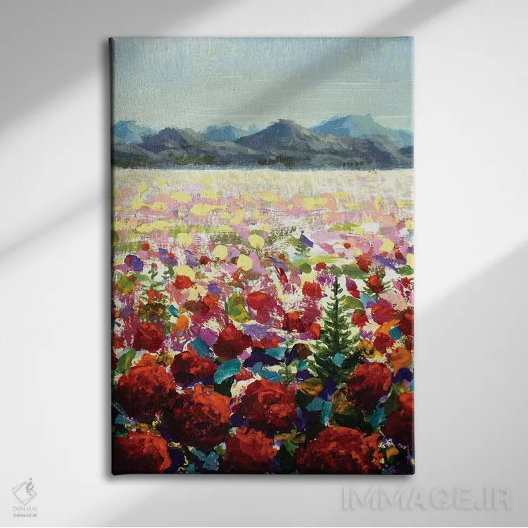 تابلو دکوراتیو چمنزارهای آلپی، شقایق خودرو قرمز در کوهستان اثر والری ریباکوف - نمای روبهرو روی دیوار