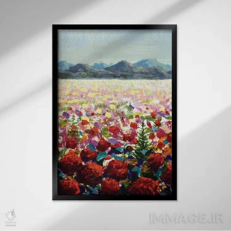 تابلو دکوراتیو چمنزارهای آلپی، شقایق خودرو قرمز در کوهستان اثر والری ریباکوف - نمای قابدار مشکی