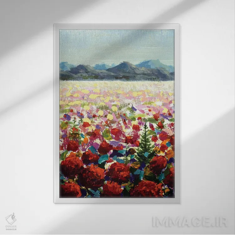 تابلو دکوراتیو چمنزارهای آلپی، شقایق خودرو قرمز در کوهستان اثر والری ریباکوف - نمای قابدار سفید