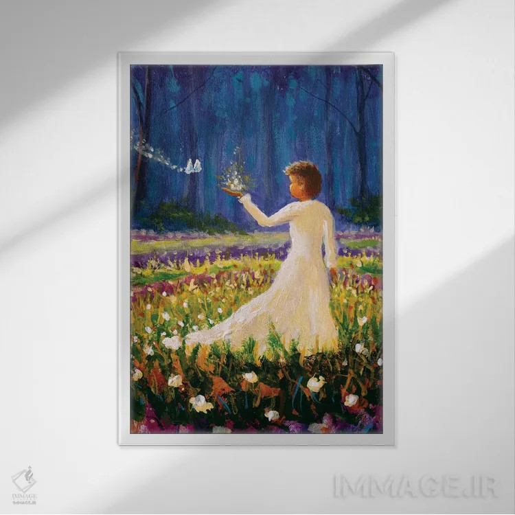 تابلو دکوراتیو دختر با پروانه در جنگل جادویی اثر والری ریباکوف - نمای قابدار سفید