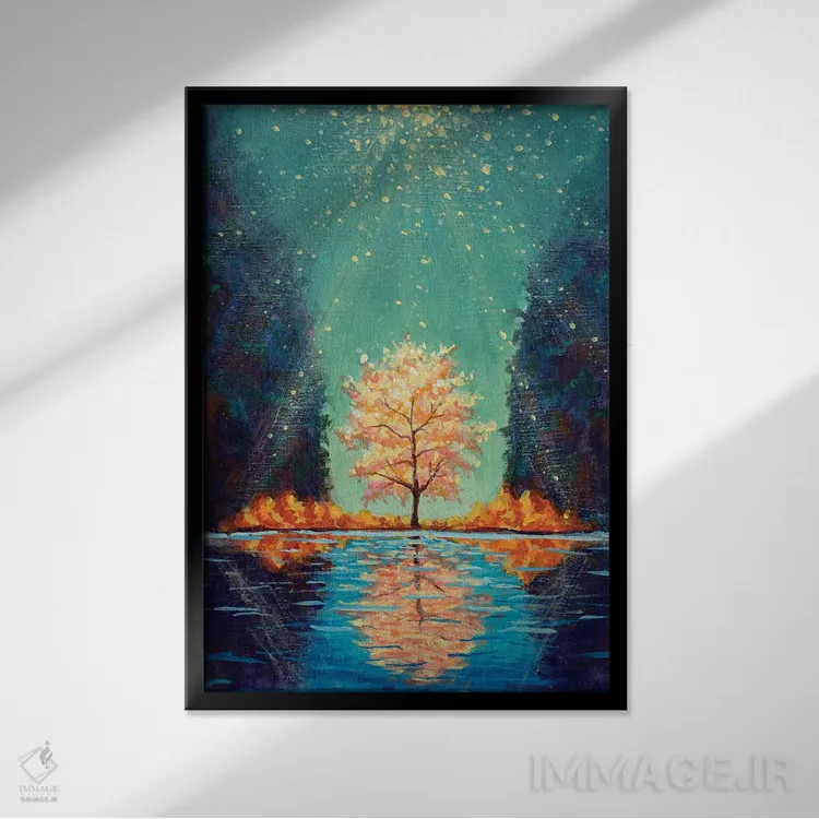 تابلو دکوراتیو درخت گلدار درخشان میان کوه ها که در آب منعکس شده است اثر والری ریباکوف - نمای قابدار مشکی