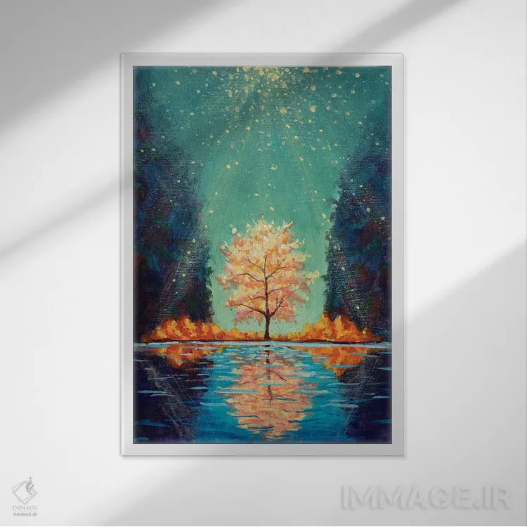 تابلو دکوراتیو درخت گلدار درخشان میان کوه ها که در آب منعکس شده است اثر والری ریباکوف - نمای قابدار سفید