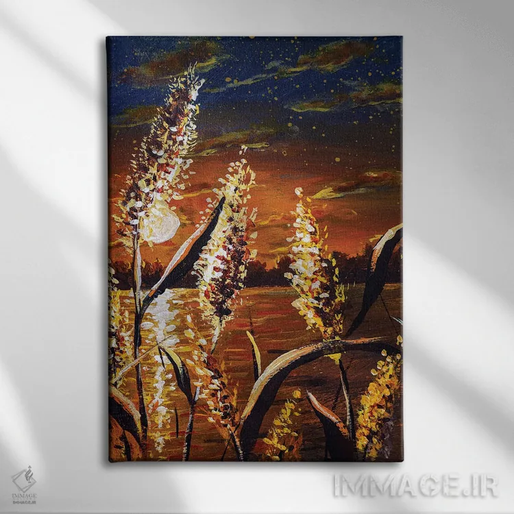 تابلو انتزاعی غروب زیبای قهوه ای در کنار رودخانه با نمای نزدیک از علف ها… اثر والری ریباکوف - نمای روبهرو روی دیوار