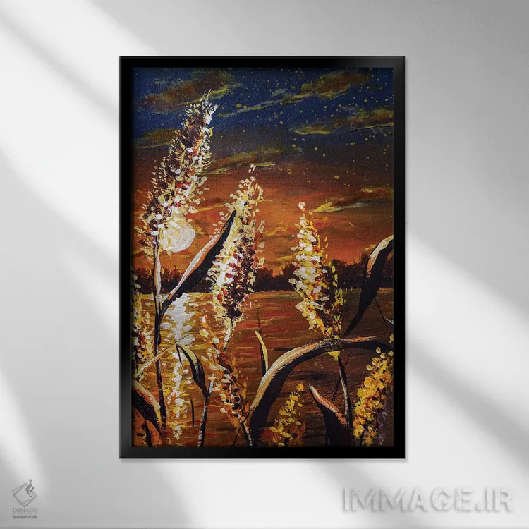 تابلو انتزاعی غروب زیبای قهوه ای در کنار رودخانه با نمای نزدیک از علف ها… اثر والری ریباکوف - نمای قابدار مشکی