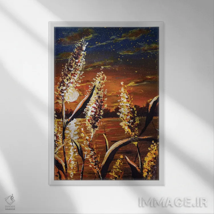 تابلو انتزاعی غروب زیبای قهوه ای در کنار رودخانه با نمای نزدیک از علف ها… اثر والری ریباکوف - نمای قابدار سفید