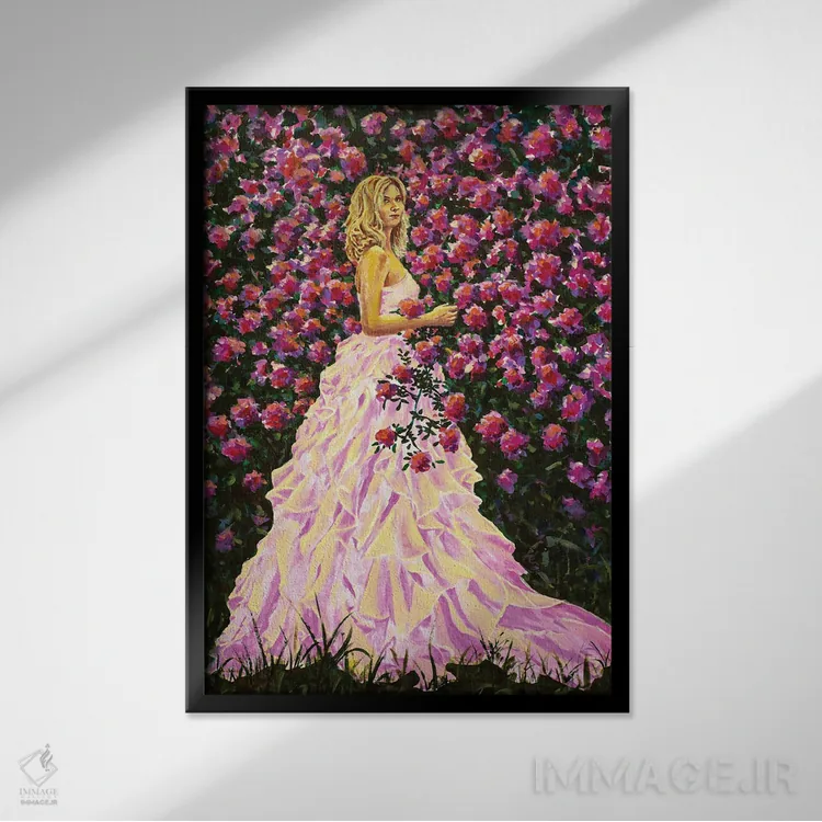 تابلو دکوراتیو زن یا دختر زیبا در میان گل های رز صورتی و بنفش اثر والری ریباکوف - نمای قابدار مشکی